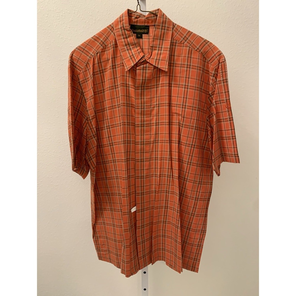 TIMBERLAND Mens Orange Plaid Short-Sleeve Button-Down Shirt M Embroidered Logo